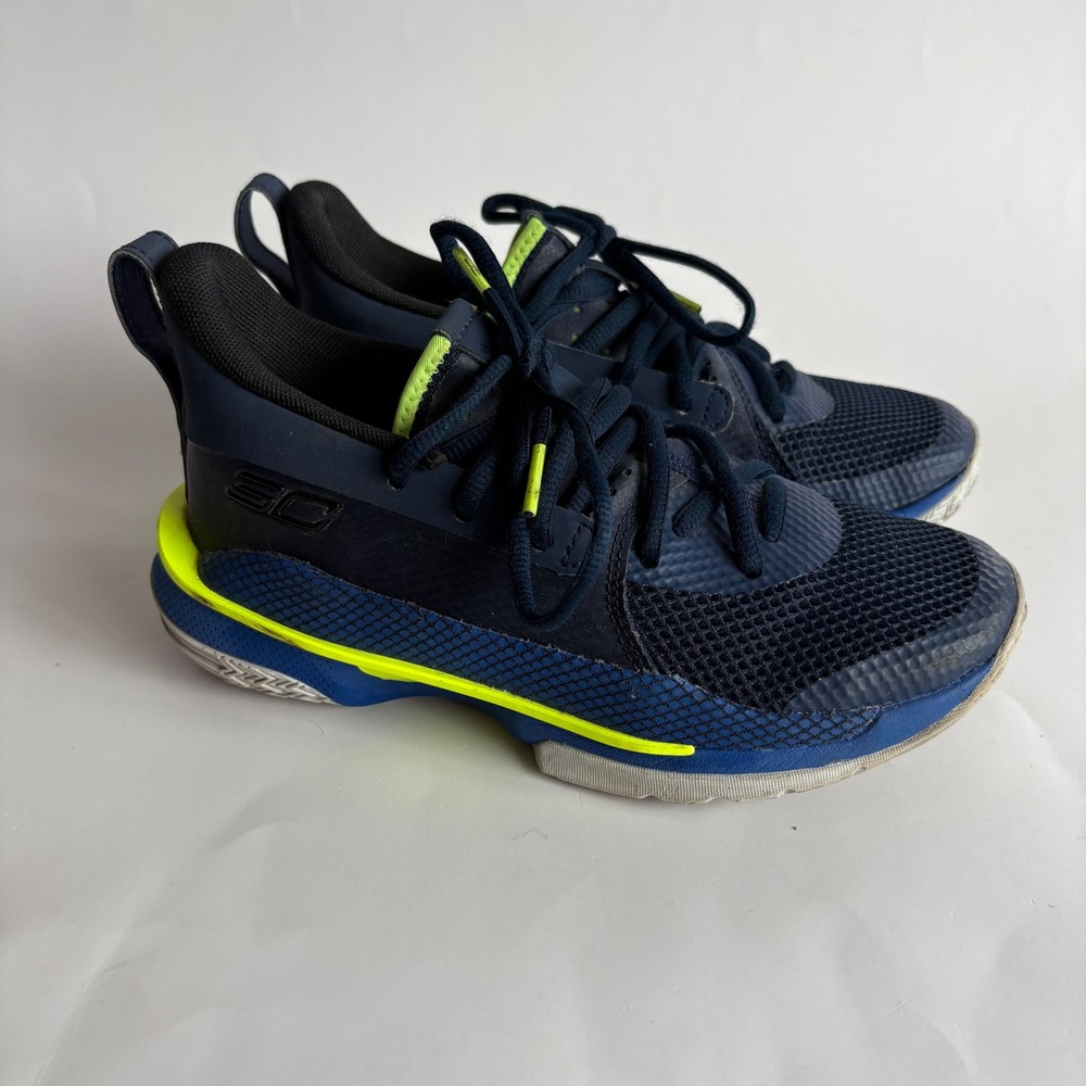 Under Armour Curry 7 Navy Lime Green Basketball Shoes Boys 3.5Y